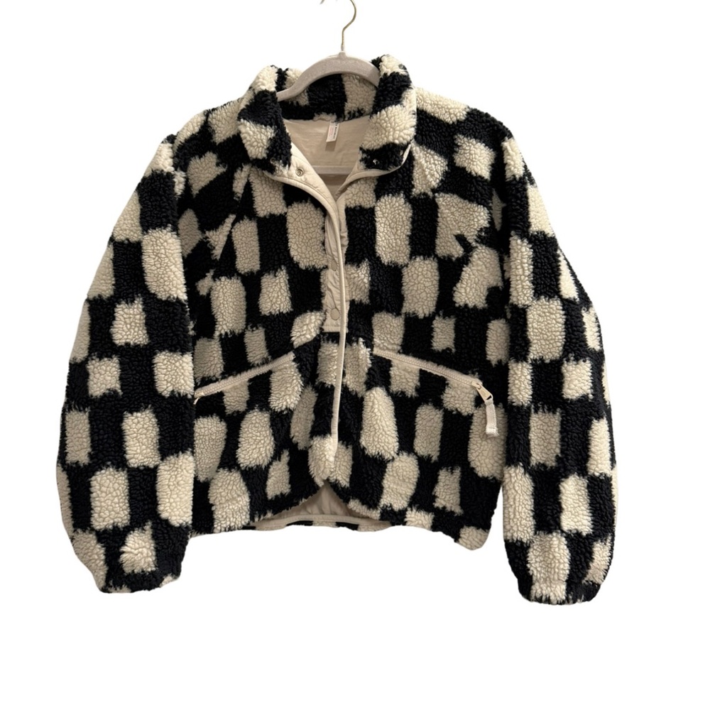 FREE PEOPLE FP MOVEMENT Hit The Slopes Printed Fleece Jacket Black White Checker - Picture 2 of 16
